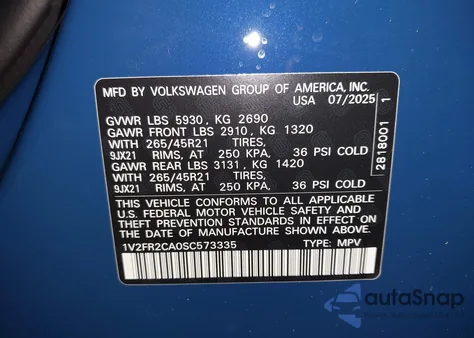 2025 Volkswagen Atlas 2.0T Sel Premium R-Line from USA, damaged, VIN 1V2FR2CA0SC573335